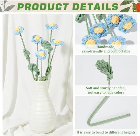 FINGERINSPIRE 5 pcs Handmade Crochet Daisy Flower Light Sky Blue Artificial Daisy Bouquet Knitted Cotton Artificial Flowers with Iron Wire Crochet...