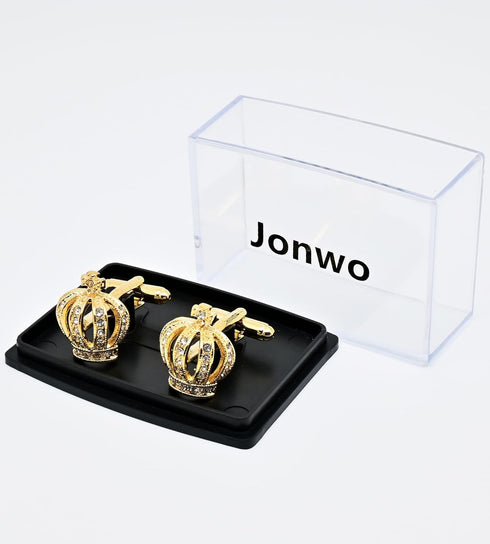 Golden Royal Crown Mens Cufflinks In Gift Case Novelty Crown with Crystals Cufflinks for Men Jewelry for Wedding Party Business Birthday Anniversa...
