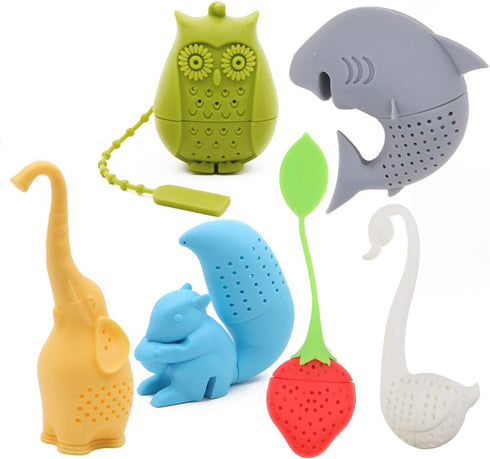 Creative Cute Animal Eco-friendly Silicone Tea Infuser Strainer Set of 6 PCS Elephant Shark Swan Squirrel Strawberry Owl Tea Steeper Tea Lover’s G...