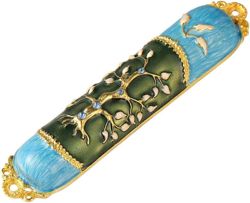 Hand Painted Enamel Mezuzah Embellished with a Tree of Life Design with Gold Accents and Crystals by Matashi, (MTMZ221)...