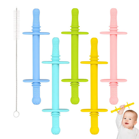 Fu Store Hollow Teether Tube with Safety Shield, 5 Pack Chew Straw Toy for Infant Toddlers Silicone Teething Toys for Babies 3-12 Months BPA Free/...