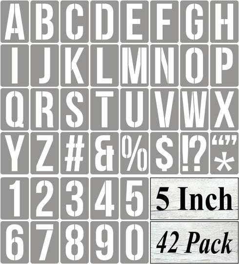 5 Inch Alphabet Letter Stencils for Painting - 42 Pack Letter and Number Stencil Templates with Signs for Painting on Wood, Reusable Numbers and L...
