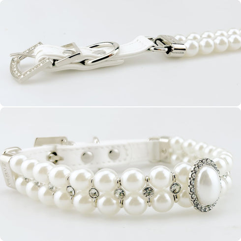 KUDES Small Dog Cat Big Pearl Collars with Crystal Rhinestone Diamond Décor, Adjustable Cute Fashion Pet PU Leather Collars Necklace for Wedding B...