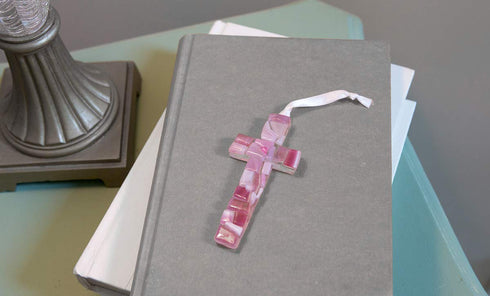 First Communion Gift for Girl - Handmade in USA Pink Mosaic Glass Cross with Sentiment...