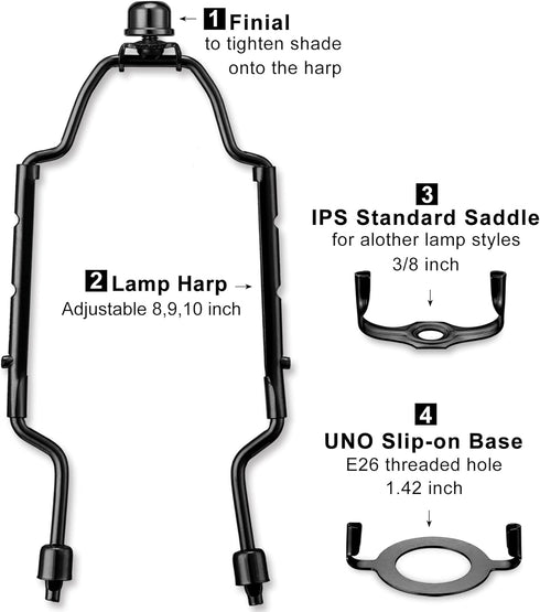 8 9 10 inch Adjustable Lamp Shade Harp Holder Kit for Table and Floor Lamps, Heavy Duty Lamp Shade Bracket with 3/8 Standard Saddle, E26 Light Bas...
