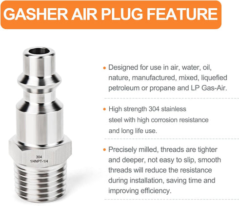 GASHER 5PCS Industrial Air Plug, 304 Stainless Steel 1/4"NPT Male, 1/4" High Flow Pneumatic Plugs...