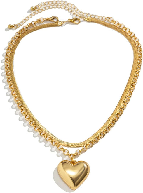 Layered Chunky Heart Choker Necklace - Gold Plated Heart Pendant Herringbone Snake Chain Y2K Grunge Jewelry Gifts for Women...