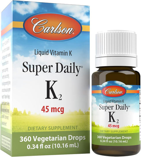 Carlson - Super Daily K2, 45 mcg Liquid Vitamin K, Bone Health, K2 Vitamin, Vitamin K Supplement, Vitamin K-2 MK7, Unflavored, 360 Drops (10.16 mL...