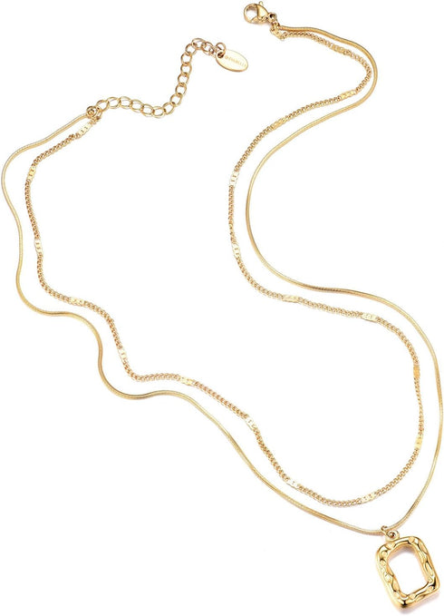 Evabelle Gold Layered Necklace for Women Trendy Jewelry 14K Real Gold Plated Chunky Chain Stackable Necklaces Dainty Choker Necklaces Rectangle Sq...