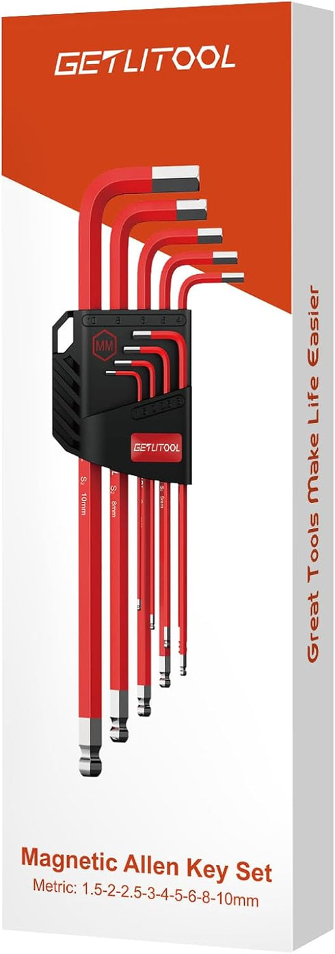 GETLITOOL 9PCS Magnetic Allen Key Set, S2 Steel Metric Long Arm Allen Wrench Set with Storage Bracket, Ball End Hex Key with Size-Marked for Bicyc...