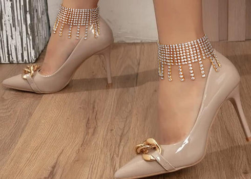 ELABEST Boho Tassels Ankle Bracelet Crystal Anklets 2Pcs Glitter Rhinestone Tennis High-heeled Foot Chain Wedding Body Jewelry Accessories for Wom...