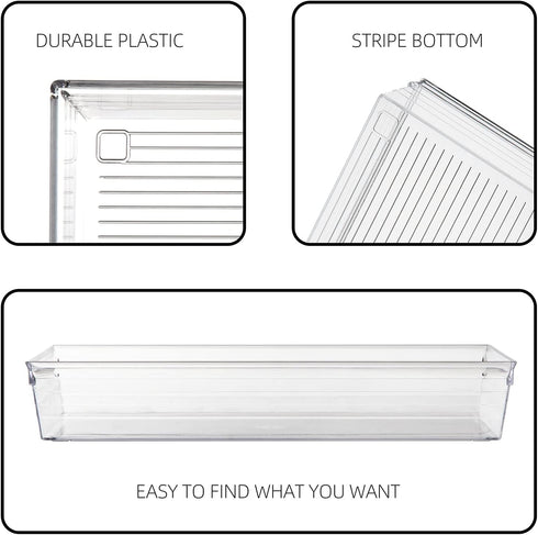 Backerysupply Clear Plastic Drawer Organizer Tray for Vanity Cabinet (12”×3”×2”?Set of 8),Storage Tray for Makeup, Kitchen Utensils, Jewelries, an...