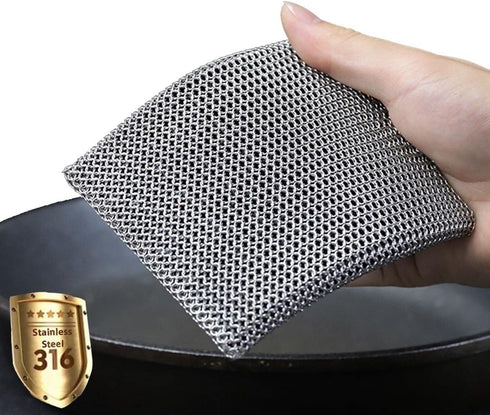 Cast Iron Cleaner Chainmail Scrubber -Fine Ring- 316 Stainless Steel Scrubbing Sponge Skillet – Dish Scrubber - Built-in Silicone with Welded Ring...