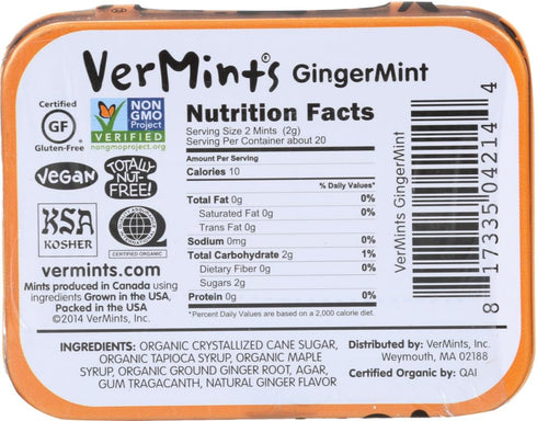 VerMints Organic Breath Mints GingerMint - Real Ginger Flavored Candies - Travel Size Tin - Non-GMO, Nut Free, Gluten Free, Vegan, Kosher Organic ...