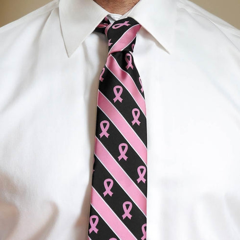 tiemart Pink Ribbon Breast Cancer Awareness Striped Tie in Black...