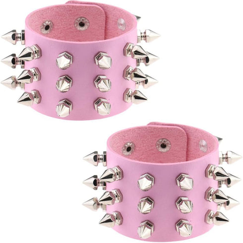 Multicolor PU Simulated Leather Silvert-tone Spikes Rivets Adjustable Buckle Bracelet, Pack of 2 PCs...