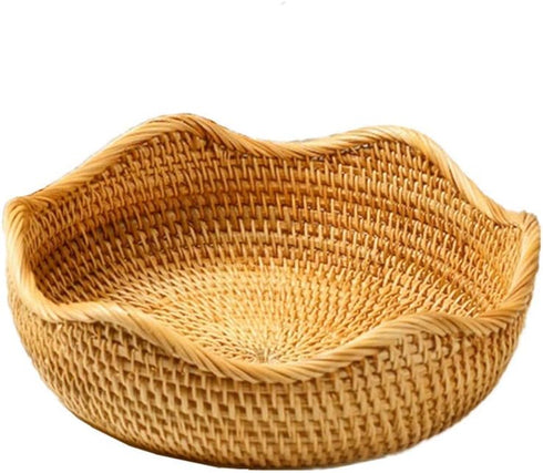 Handmade Rattan Round Fruit Basket Food Storage Bowls Kitchen Organizer Snack Serving Bowl Wavy Edge Circle Tray Basket, Boho Home Décor Display T...