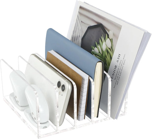 Acrylic Mail Organizer, 5 Compartments Desk File Holder, Clear Letter Folder Racks for Office Home School, Desktop Document Sorter for Bill, Noteb...