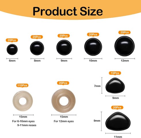 270PCS Safety Eyes and Noses, Black Plastic Eyes and Teddy Bear Nose with Washers for Doll Making for Crafts...