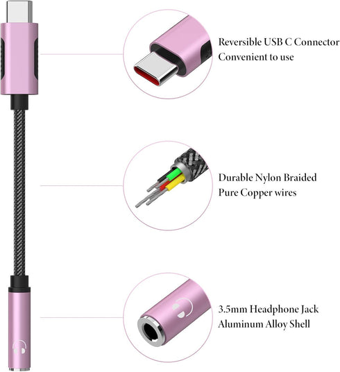 USB-C to 3.5mm Headphone Adapter for Samsung S24 S22 S23 Ultra iPhone 15 15 Pro Max Plus,Type C to Aux Audio Dongle Earphone Adapter DAC Chip for ...