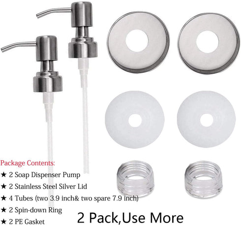 Mason Jar Soap Dispenser Lid and Pump Replacement Brushed Stainless Steel Rust-Proof Leak-Proof for Regular Mouth Size Lid or Modern Farmhouse Soa...