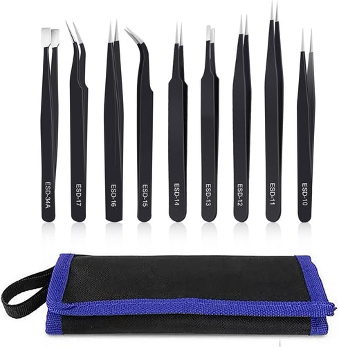 9PCS Precision Tweezers Set, Upgraded Anti-Static Stainless Steel of Tweezers, for Electronics, Soldering, Laboratory Work, Jewelry-Making, Model,...