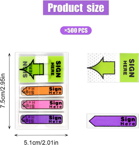 500pcs/5 Pack Sign Here Tabs Post It Flags, Fluorescent Sign Here Arrow Stickers/Labels with Dispenser Sticky Note Signature Flag Page Index Marke...