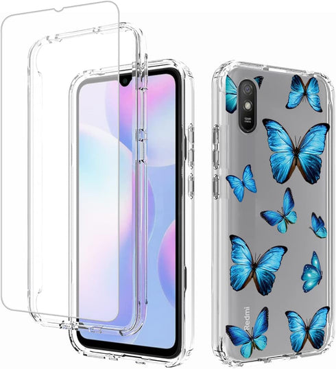 Case for Redmi 9A M2006C3LG/Redmi 9i M2006C3LII Case with Tempered-Glass Screen Protector, Clear Butterfly Pattern Full Body Protective Phone Cove...
