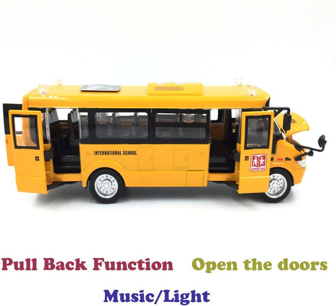 9" Pull Back School Bus,Light Up & Sounds Die-cast Metal Toy Vehicles with Bright Yellow and Openable Doors...
