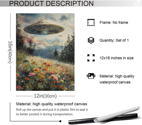 Generic UFO Surreal Art Print, Alien Abduction Poster, Trippy Spaceship Posters Painting, Wildflower Meadow Field Wall Art, Vintage Landscape Funn...