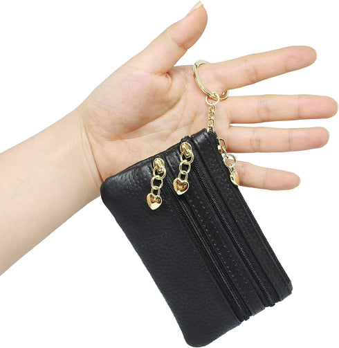 imeetu Leather Coin Keychain Purse for Women, Small Change Purse for Coins, Coin Pouch Wallet with 4 Zippered Pockets (Black)...