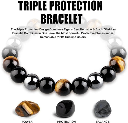 HOZEAL Triple Protection Bracelet, Black Obsidian Tiger Eye Stone Hematite Wealth Bracelets for Men Women for Bring Luck and Prosperity, Beaded Bu...