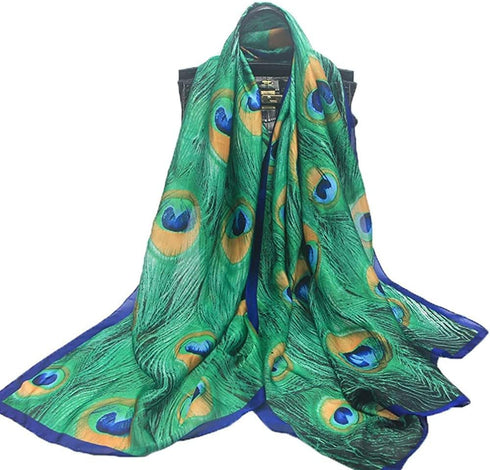 Fashion Women Silk Scarf Long Large Peacock Feather Print Wrap Shawl Scarves Headscarf...
