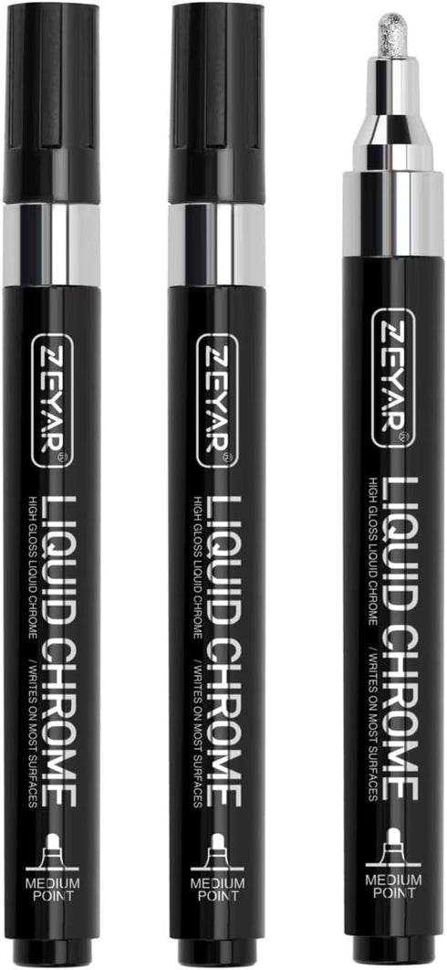 ZEYAR Liquid Chrome Marker Paint Marker, Shiny Silver Pen for smooth surfaces, High-gloss display effects, Medium Point, set of 3...