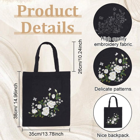 ORIGACH DIY Canvas Tote Bag Embroidery Kit with White Rose Pattern for Beginners, Floral Embroidery Shoulder Bag Set for Adults, Complete Embroide...