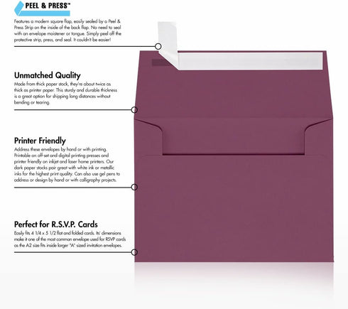 LUXPaper A2 Invitation Envelopes | Peel & Press | 4 3/8" x 5 3/4" | Vintage Plum | 80lb. Text | 50 Qty...