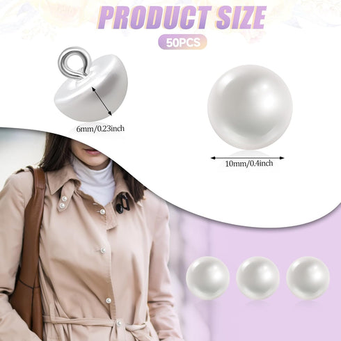50PCS 10mm Pearl Buttons with Shank Round Pearl Buttons Decorative Buttons for Wedding Dresses, Sewing, Shirts, Jewelry Decorations, DIY Crafts Pl...