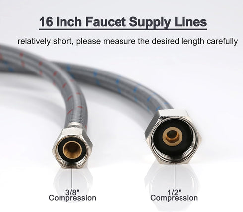 ARCORA 16” Length Faucet Hose Connects Bathroom Kitchen Sink to Water Supply Braided Nylon Supply Line with 3/8" Female Compression Thread x 1/2" ...