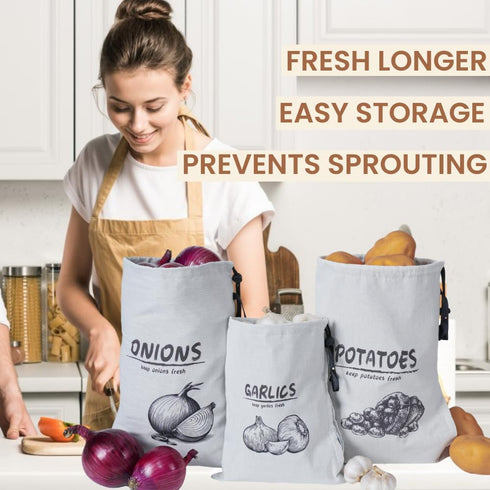 Potato Onion Garlic Storage Bag, Reusable Potato Onion and Storage Bag for Pantry, Vegetable Storage Bags with Drawstring Closure, 3 Packs (Potato...