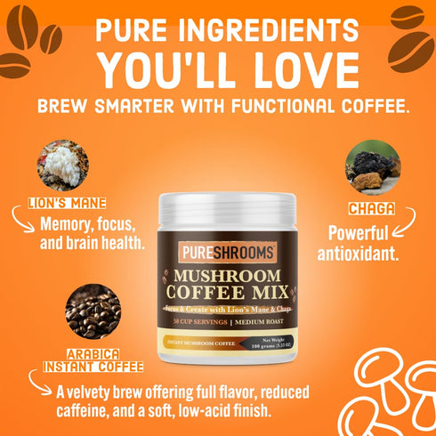 Focus & Create Adaptogenic Instant Mushroom Coffee – 50?Serve Pack with Lion’s Mane & Chaga – Brain, Focus & Immune Support (100g)...
