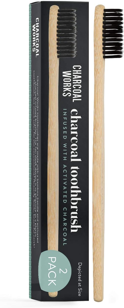 Charcoal Works Adult Charcoal Infused Bamboo Toothbrush, Natural, Pack of 2...