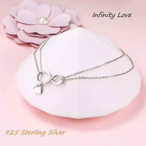 FLYOW Infinity Layered Anklet 925 Sterling Silver for Women Adjustable Heart Ankle Bracelet Boho Beach Foot Chain 9+1.5 Inch Charm Jewelry Birthda...