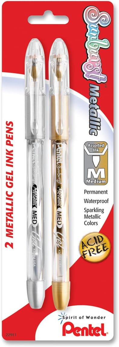 Pentel Sunburst Metallic Gel Pen, Medium Line, Permanent Gold and Silver Ink, 2 Pack (K908MBP2XZ)...