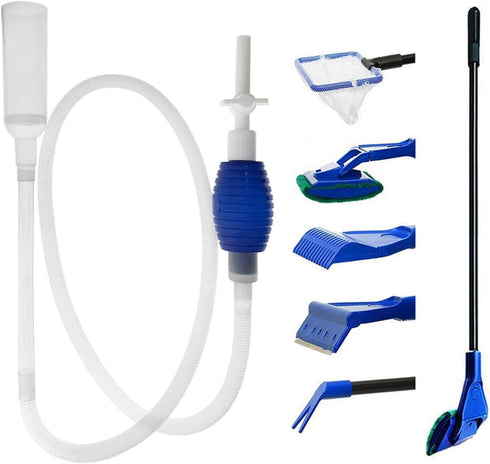 Aquarium Cleaning Tool Set, Fish Tank Cleaner Kit Tools with Handle, Seaweed Scraper, Fishing Net, Sponge Brush, Wall Brush- 5 in 1 & Fish Tank Gr...
