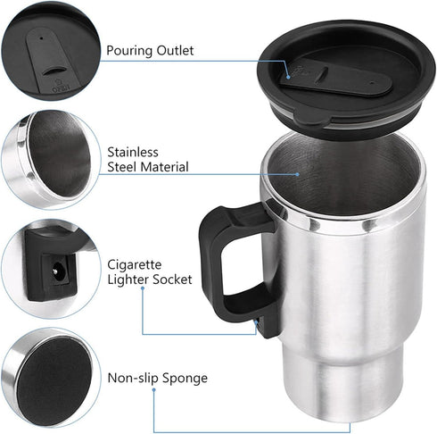 GOTOTOP Car Heating Cup 12V 450ML Electric Car Kettle Portable Stainless Steel Cigarette Lighter Heating Drinking Cup Heated Travel Mug Electric T...