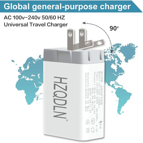 Fast Wall Charger QC 3.0 USB Quick Charge 3 Ports Tablet iPad Phone Charger Adapter Travel Plug Compatible iPhone X/Xs/XS Max/XR/8/8+/7P/7/6/5 Sam...