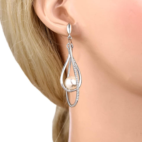 EVER FAITH Women's Austrian Crystal Simulated Pearl Twist Chandelier Teardrop Dangle Earrings Clear...