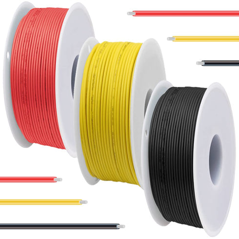 26 Gauge Silicone Wire 600V 26 AWG Stranded Tinned Coated Copper Wires 3 Color (Black, Red, Yellow) 7m/23ft Each Electrical Cable Hook Up Wire Kit...