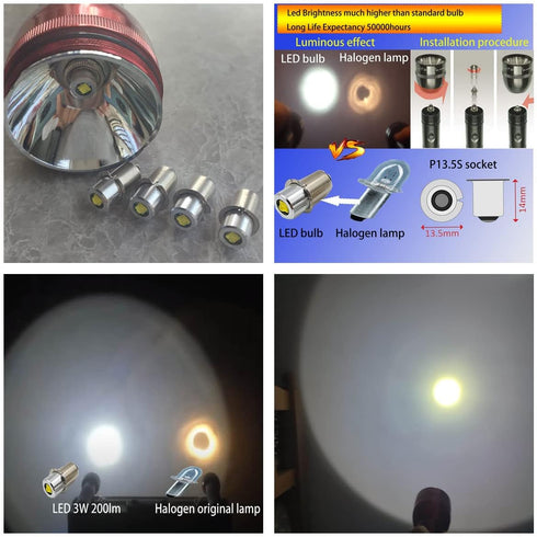 LED Flashlight Bulb Upgrade Replacement 3CD 4CD Cells 4.5V 6V 18V DC4-24V LED Conversion Kit Flashlights Torch Bulb P13.5S PR2 LED 3W Bulbs 18V Fl...