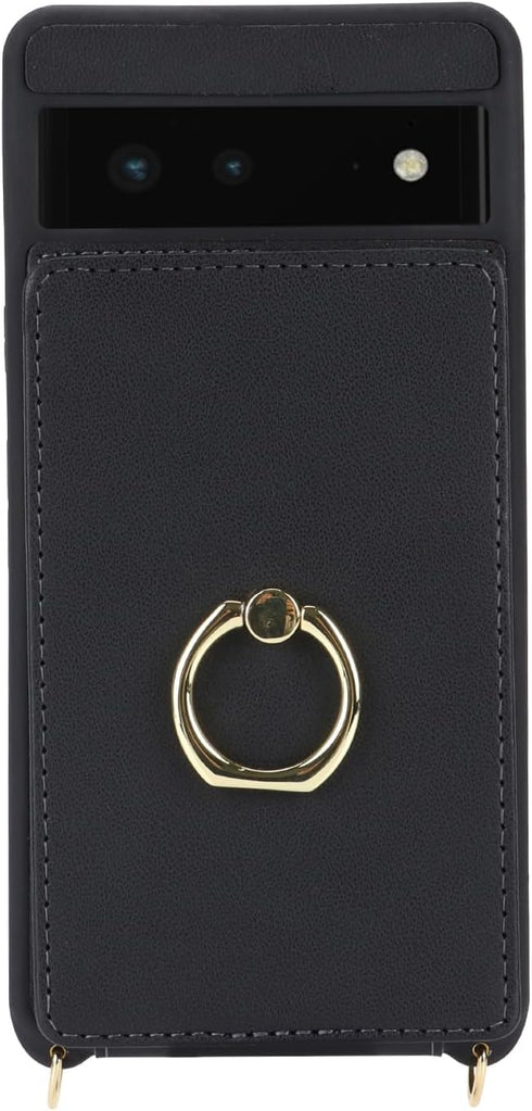 for Google Pixel 6 Case with Card Holder and Strap for Women,Crossbody Lanyard,Ring Stand,Snap Clasp,Phone Wallet Cases 6.4 inch(Black)......